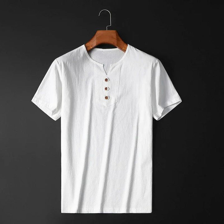 Men's relaxed fit summer t-shirt with v-neck and short sleeves, perfect for casual warm weather style.