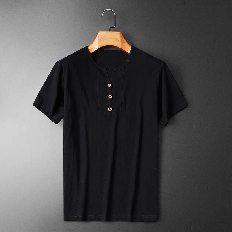 Effortless men's fashion: comfortable relaxed fit summer t-shirt with v-neck for warm weather wardrobe.