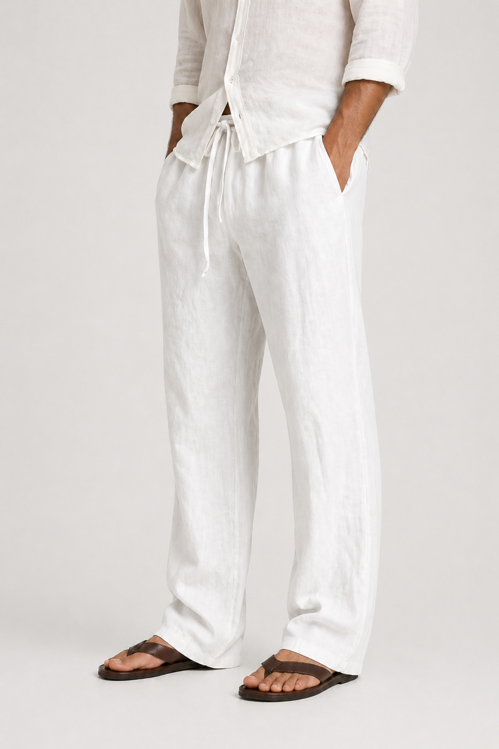 Stylish men's relaxed fit summer pants, drawcord waist. Versatile for travel, vacation & daily wear.