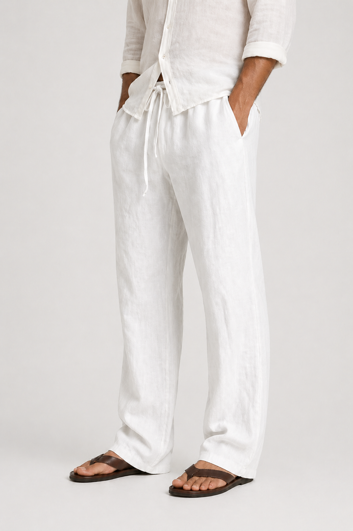 Stylish men's relaxed fit summer pants, drawcord waist. Versatile for travel, vacation & daily wear.