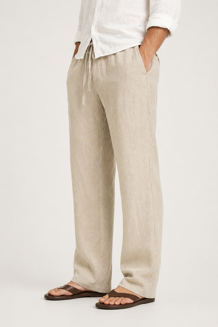 Lightweight men's summer trousers, relaxed fit with drawstring waist. Breathable & comfortable.