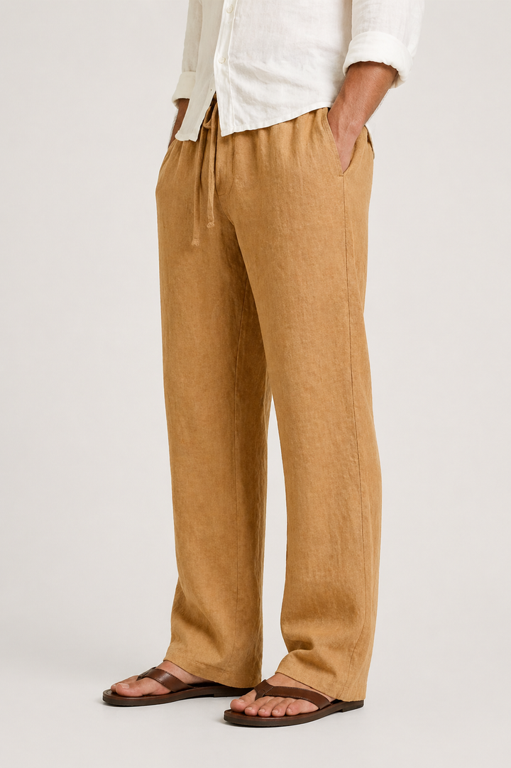 Men's relaxed fit drawcord trousers, versatile summer pants for casual comfort & effortless style.