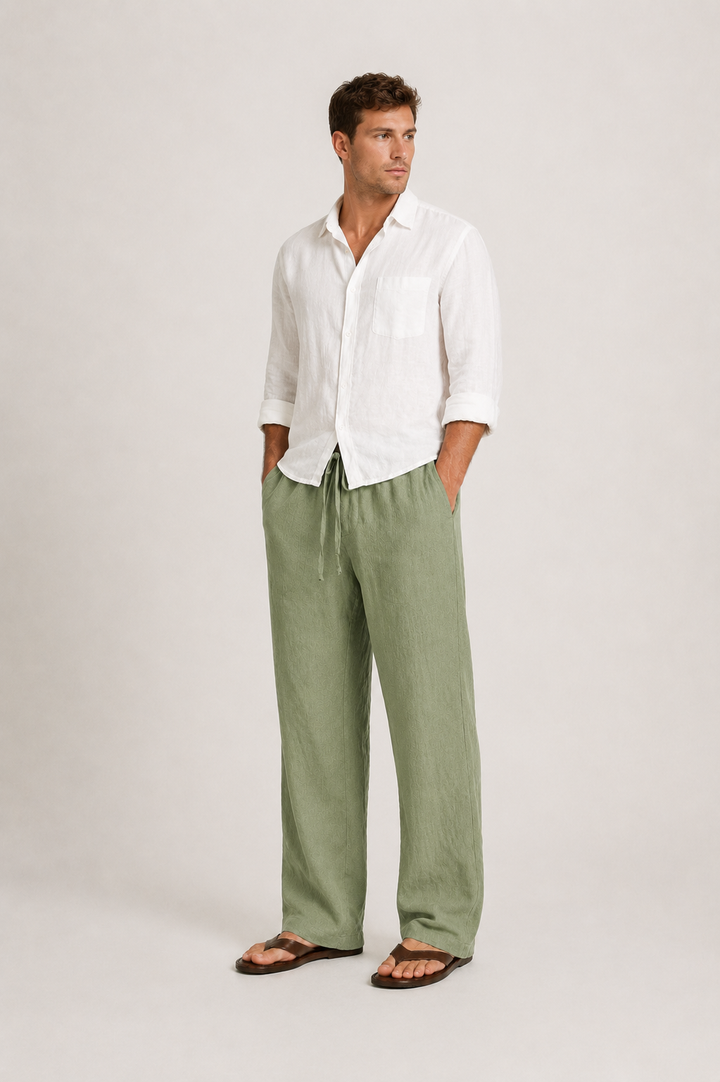 Close-up of men's summer trousers showing adjustable elastic waist with functional drawcord for custom fit.