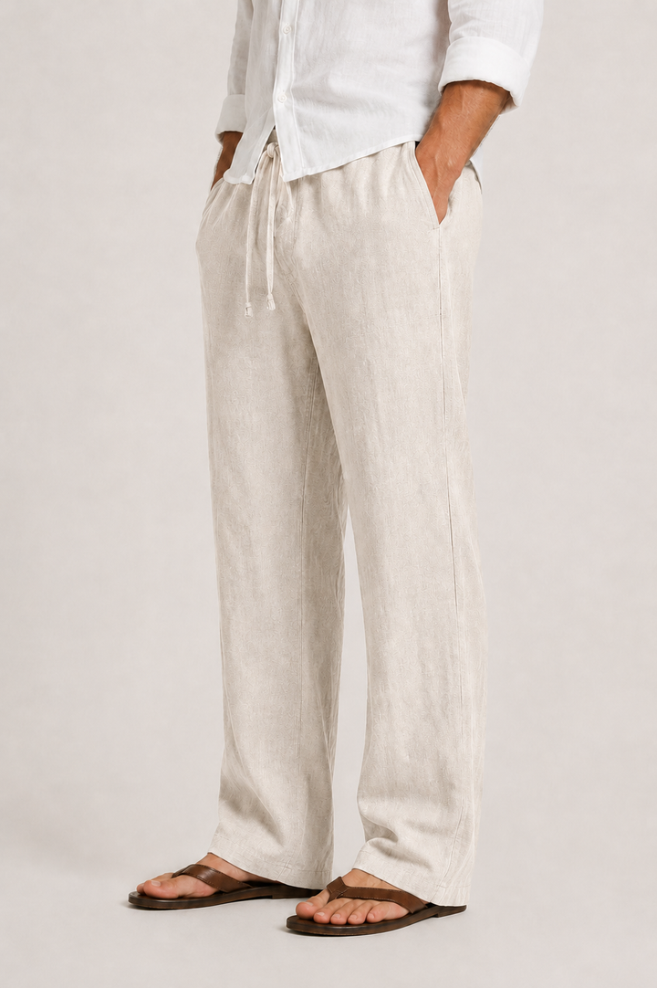 Men's smart casual summer trousers, relaxed fit, styled for city wear. Perfect versatile spring fashion comfort.