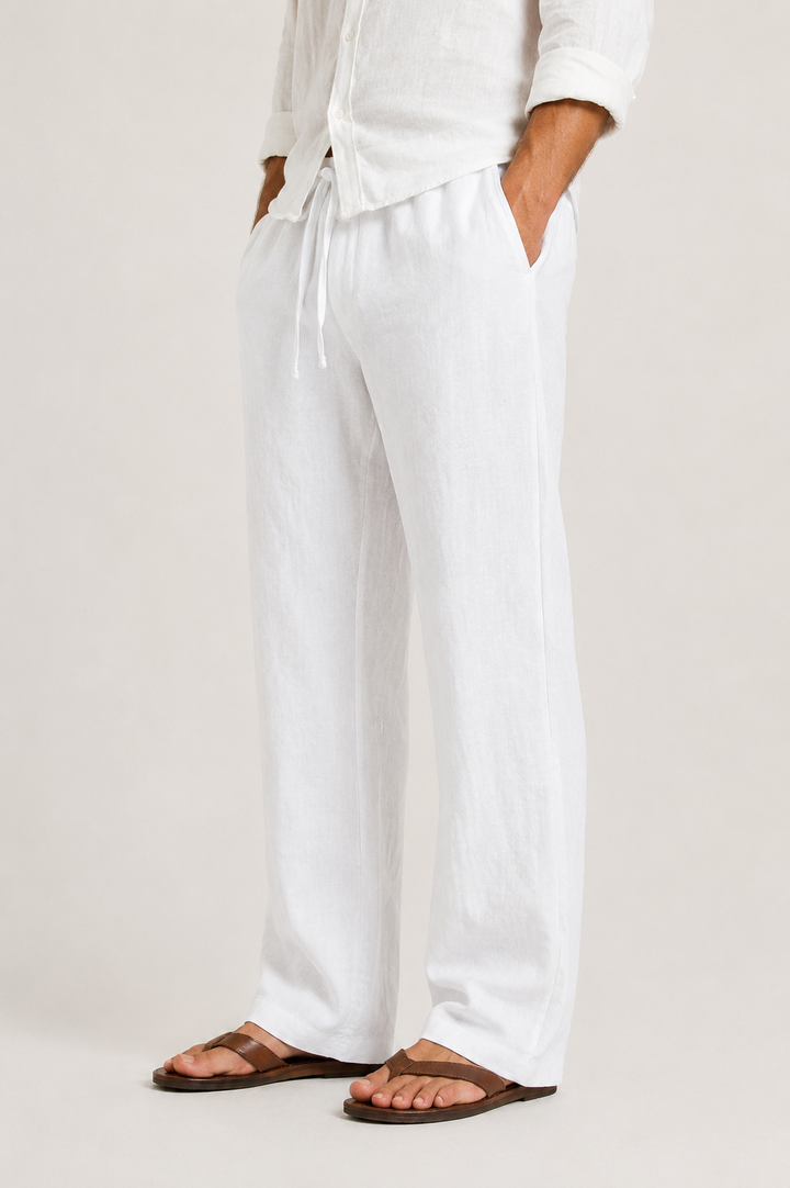 Soft, lightweight fabric texture of men's summer trousers. Breathable & comfortable for warm weather & travel.