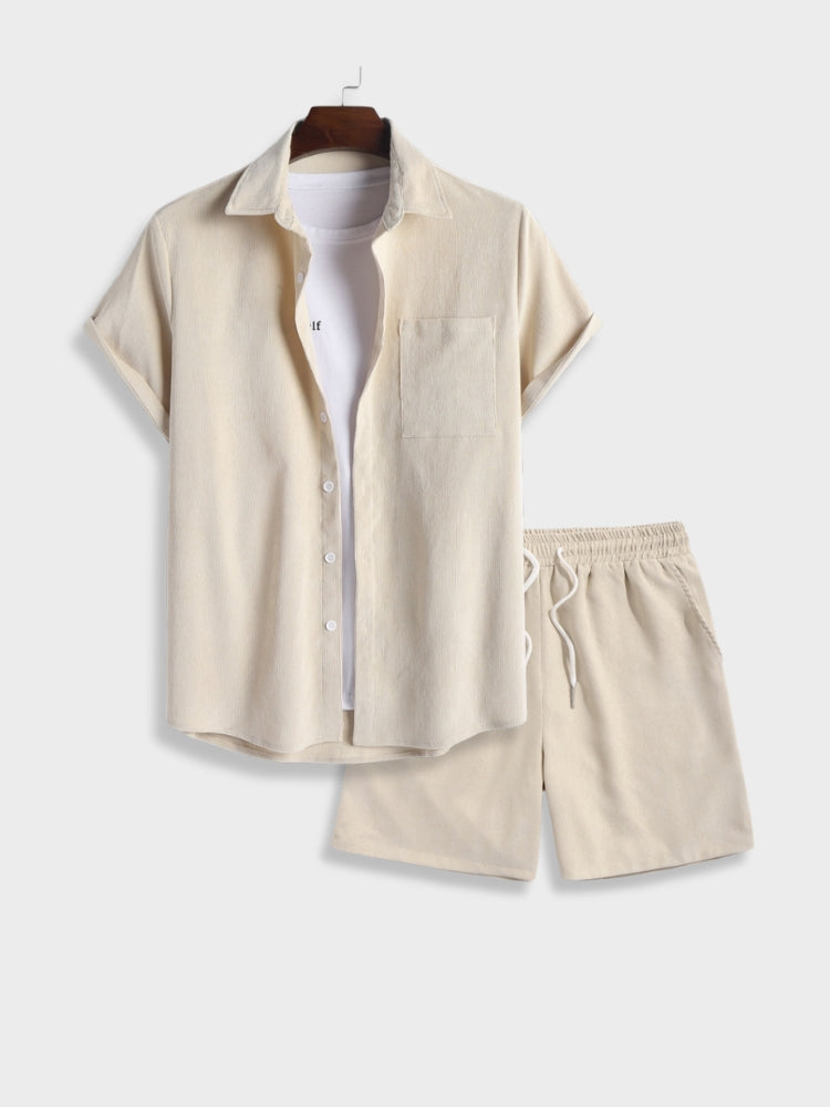 Men's relaxed fit summer two-piece set. Casual short sleeve shirt & shorts, perfect for warm weather.