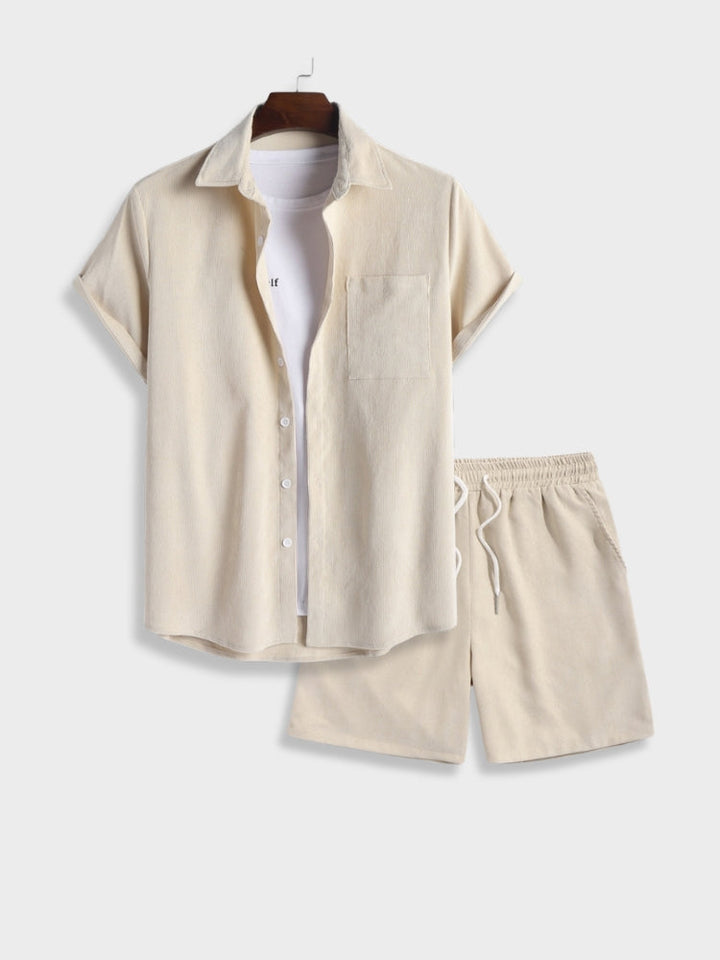 Men's relaxed fit summer two-piece set. Casual short sleeve shirt & shorts, perfect for warm weather.