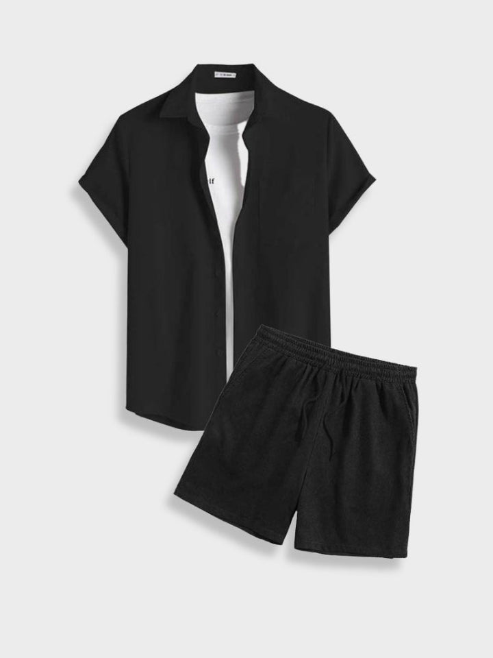 Men's casual summer set. Featuring a short sleeve shirt and relaxed fit shorts, perfect for warm days.