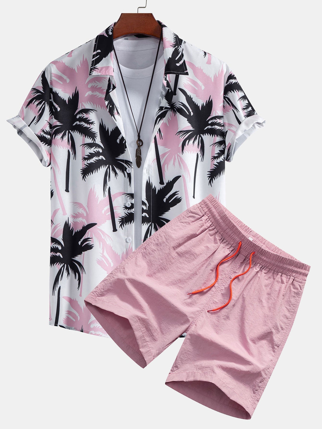 Men's relaxed fit tropical print two-piece set for summer, featuring a shirt & shorts. Ideal for beach vacations.