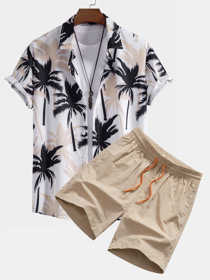 Relaxed fit men's tropical print summer shorts set. Comfortable and casual, great for beach or travel.