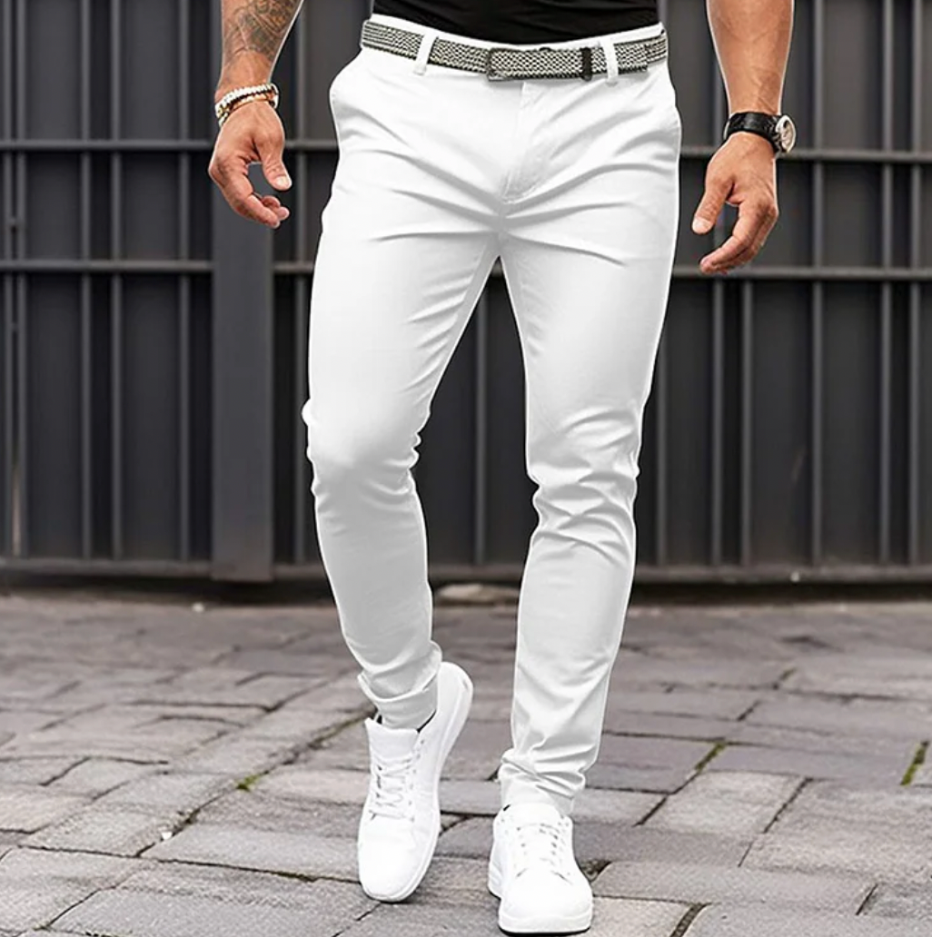 Men's relaxed fit trousers, cotton blend for all-season comfort. Versatile gray casual pants for stylish everyday wear.