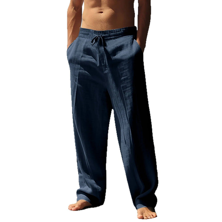 Lightweight men's relaxed fit trousers with elastic waist, drawstring, and convenient side pockets, great for summer.