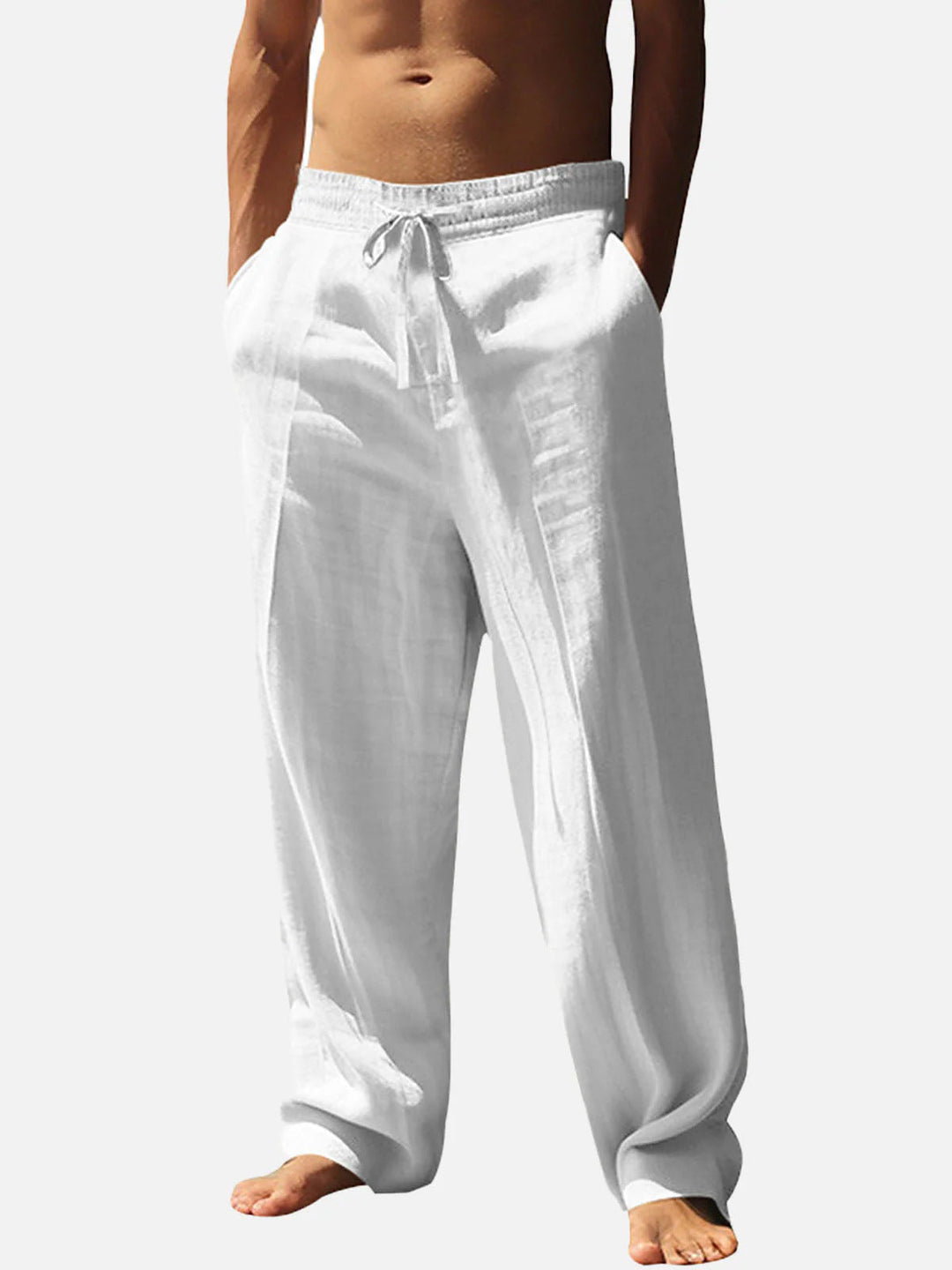 Men's fashion relaxed fit trousers with an elastic drawstring waist and spacious side pockets, perfect for casual outfits.