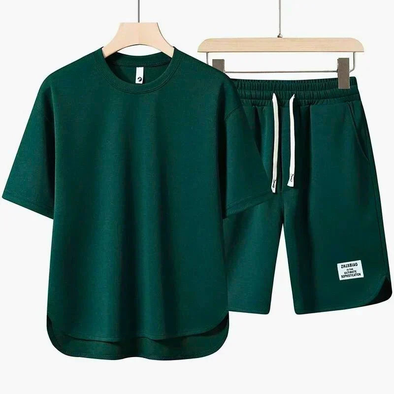 Comfortable men's relaxed t-shirt and drawstring shorts set, a perfect two-piece outfit for everyday casual wear.