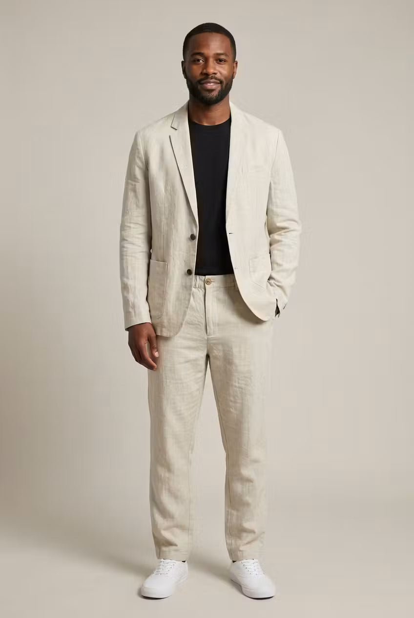 Men's relaxed fit two-piece suit in comfortable fabric, perfect for smart casual spring/summer events.