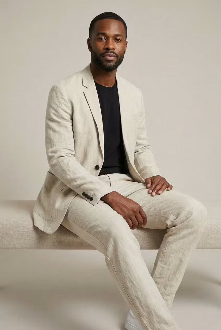 Stylish men's relaxed fit blazer, part of a two-piece suit, ideal for modern smart casual or formal wear.