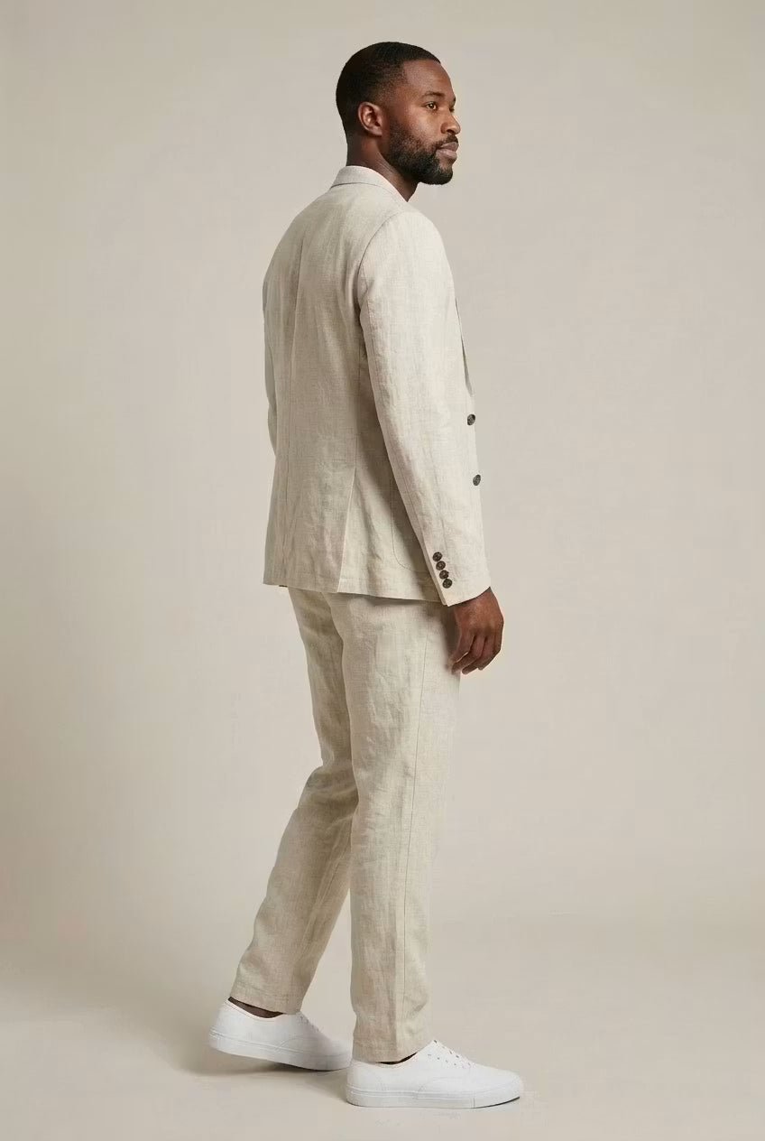 Comfortable men's relaxed fit trousers, complementing a two-piece suit, great for summer event wear.
