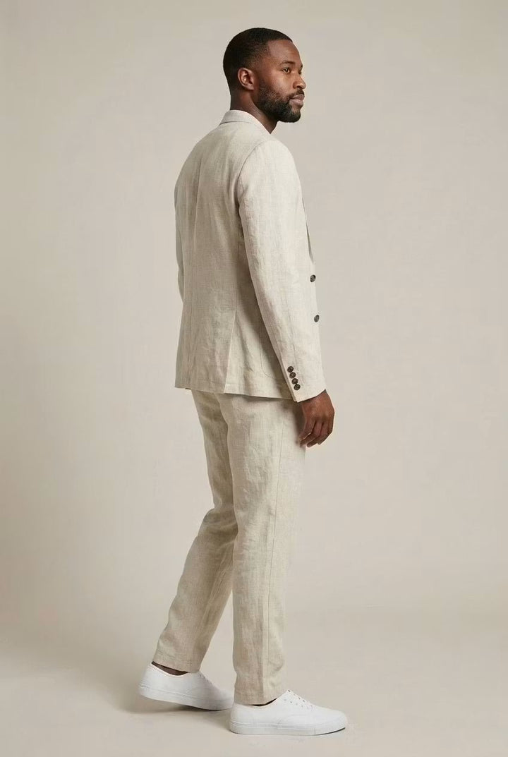 Comfortable men's relaxed fit trousers, complementing a two-piece suit, great for summer event wear.