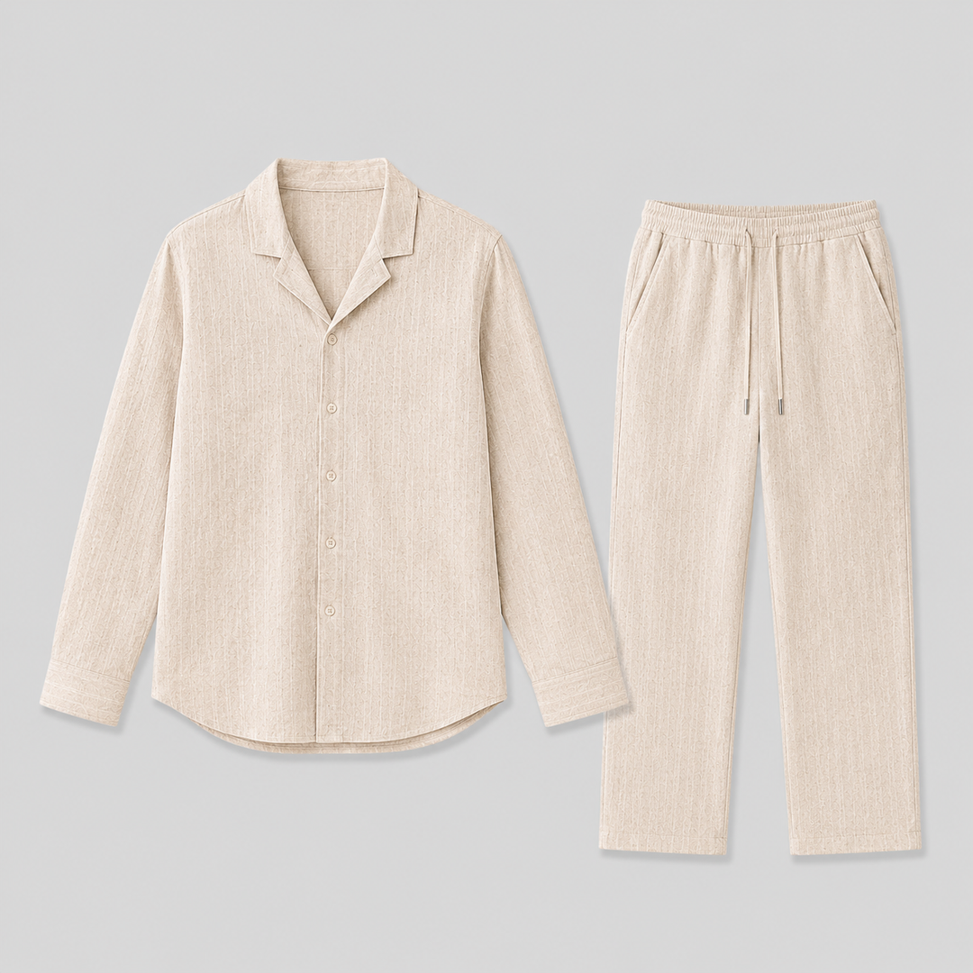 Men's relaxed fit two-piece summer set with Cuban collar shirt & matching trousers for casual style.