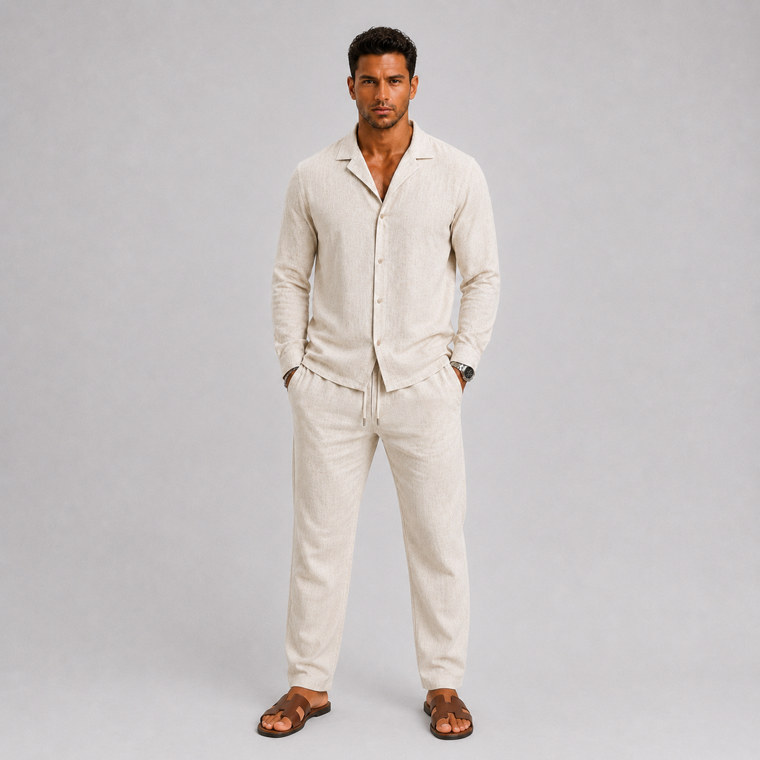 Coordinated men's two-piece set, ideal for summer beach vacation or resort wear, relaxed fit.