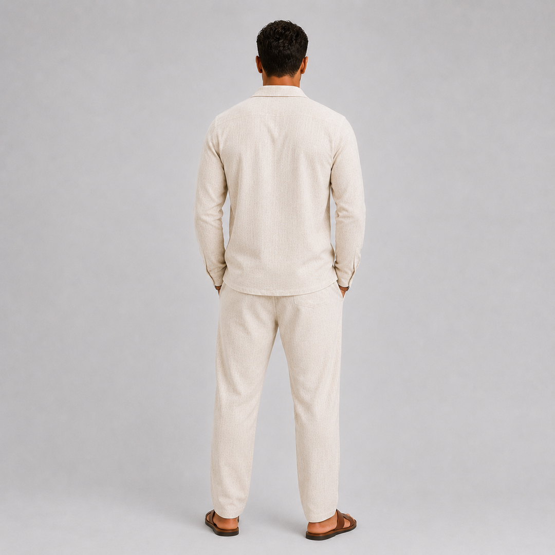Versatile men's smart casual two-piece summer outfit. Relaxed fit shirt & trousers for daily wear.