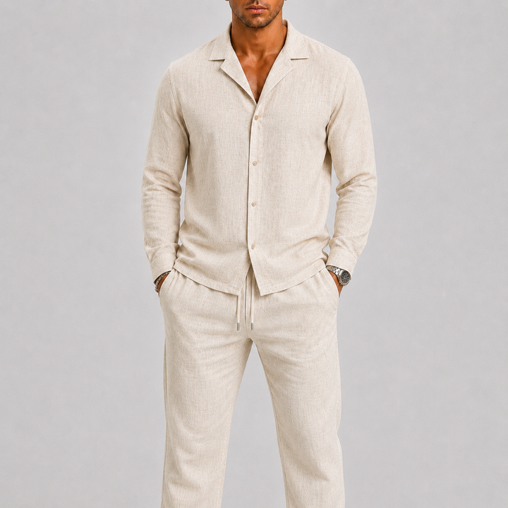 Comfortable men's summer set featuring a relaxed fit Cuban collar shirt and coordinating trousers.