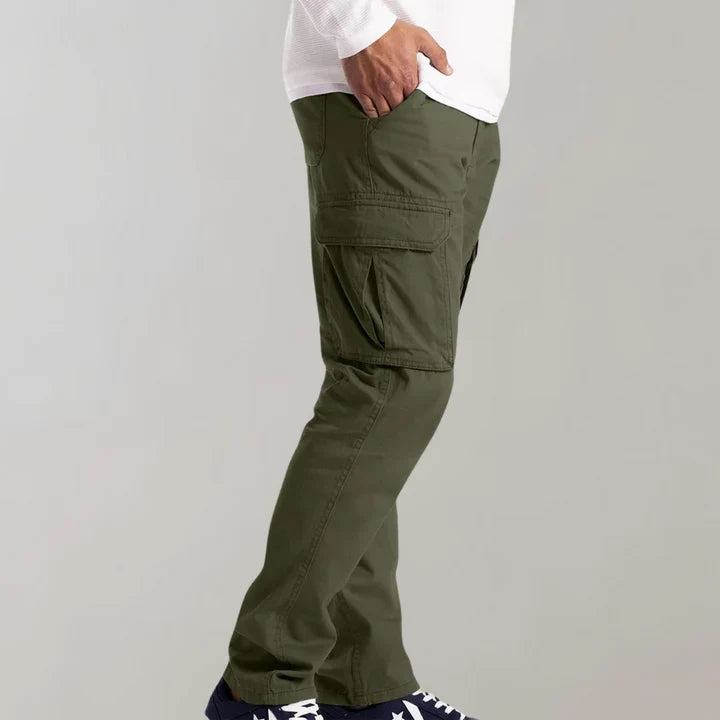 Durable men's outdoor cargo pants, multi-pocket utility design for work or field activities.