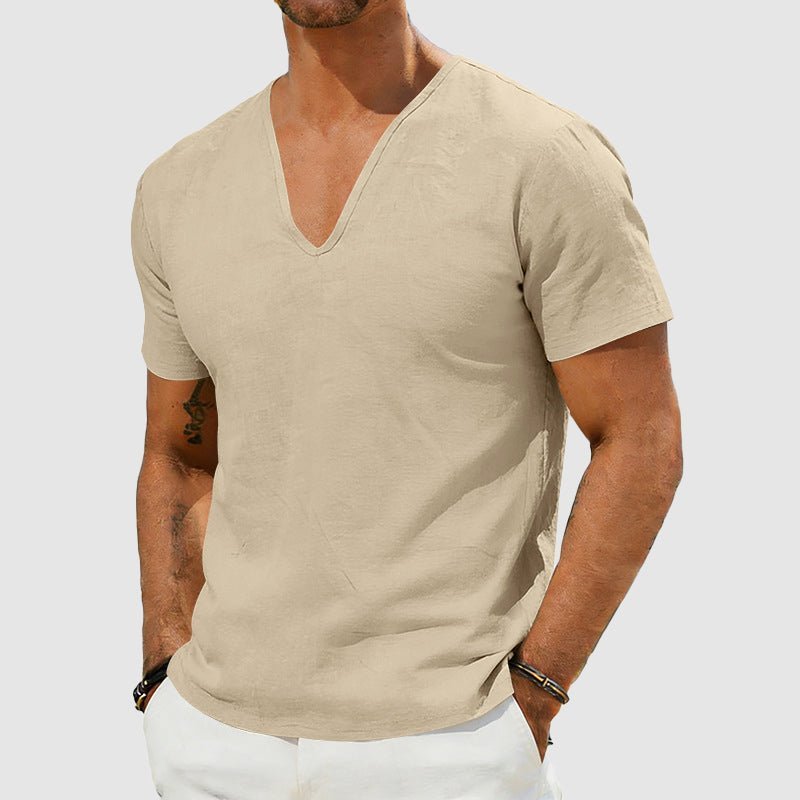 Stylish men's V-neck t-shirt, relaxed fit, perfect for warm weather casual and smart casual outfits.