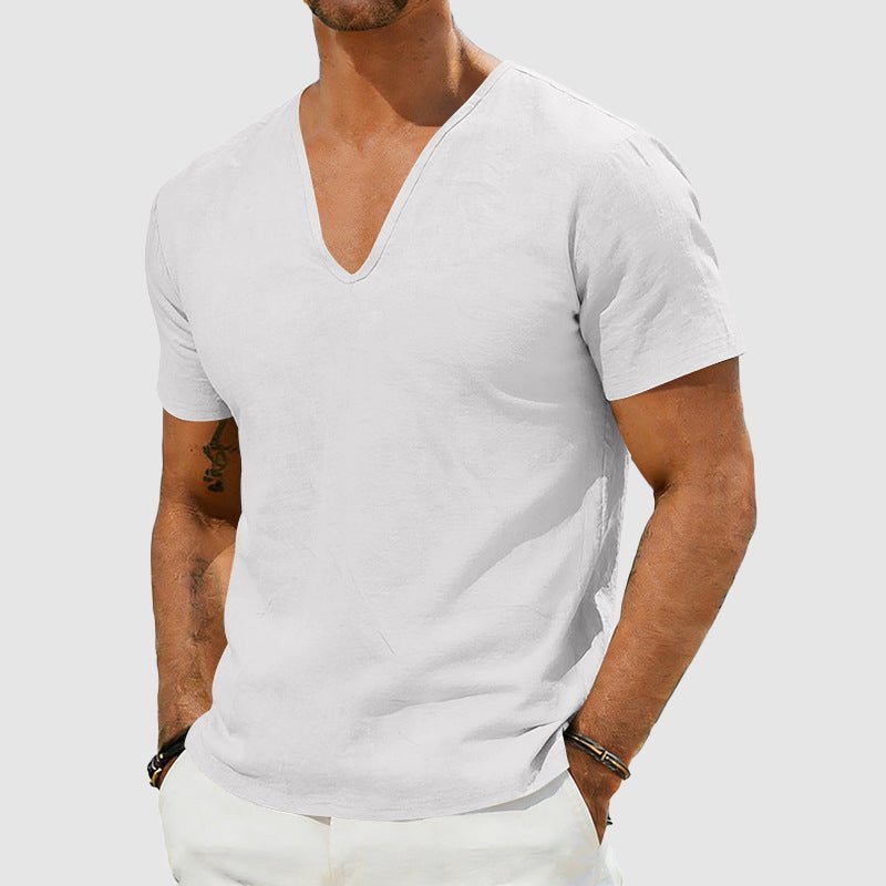 Comfortable men's relaxed fit short-sleeve V-neck tee, ideal for everyday summer wear and men's fashion.