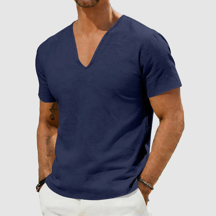 Lightweight men's short-sleeve V-neck t-shirt, relaxed fit, essential for summer comfort and casual style.