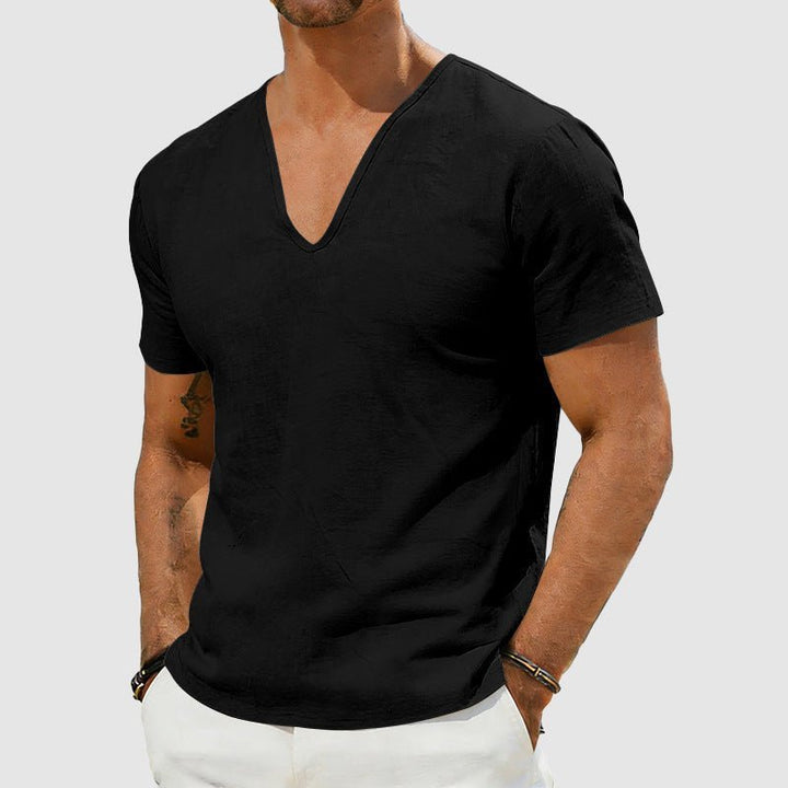 Versatile men's V-neck tee with short sleeves & relaxed fit, great for warm weather, casual, and smart casual.