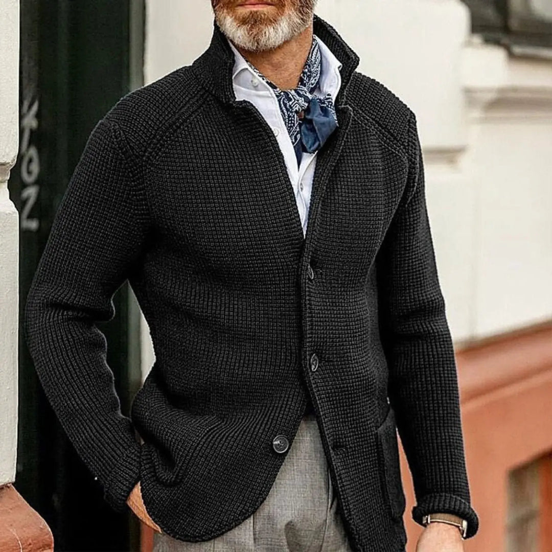 Men's relaxed fit waffle-knit cardigan with button-up front, perfect for smart casual layering.
