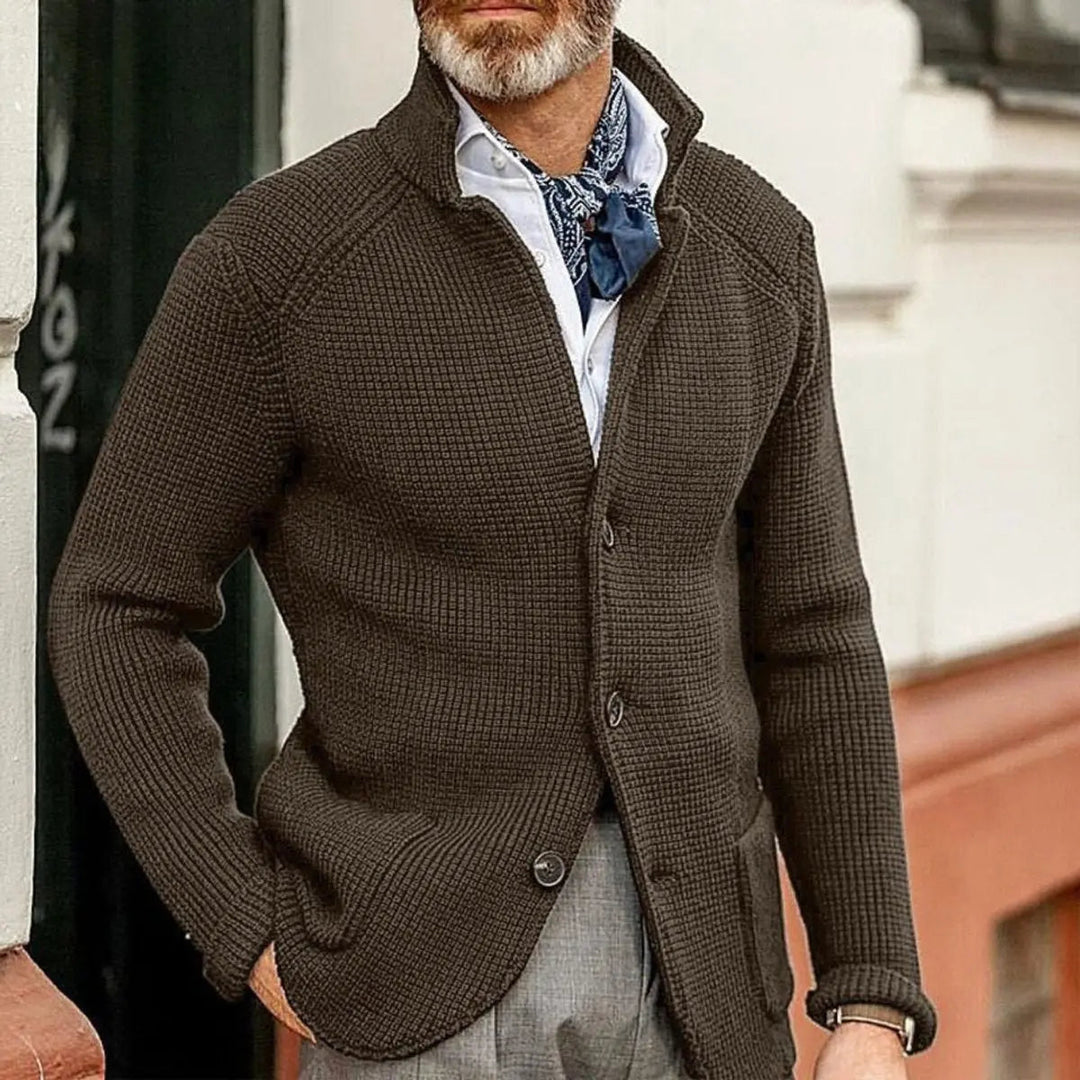 Stylish men's long-sleeve waffle-knit cardigan, relaxed fit button-up jumper for fall fashion.