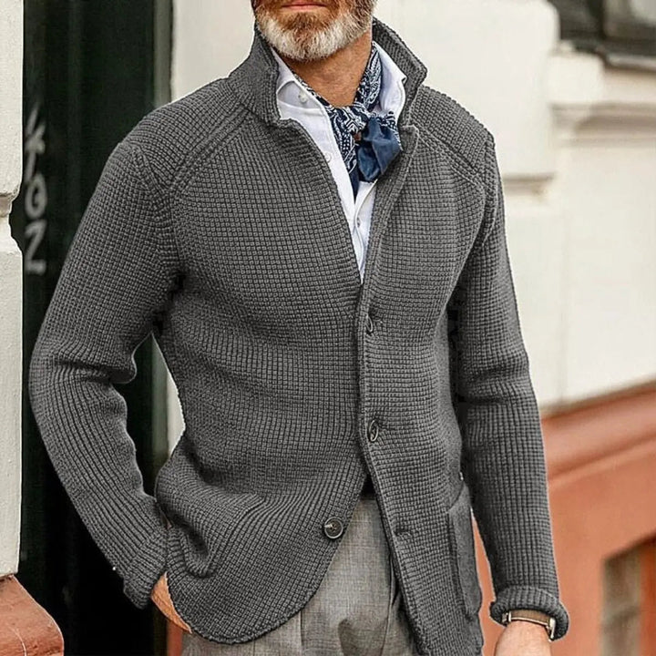 Comfortable men's relaxed fit button-up jumper, waffle-knit texture, a smart casual layering piece.