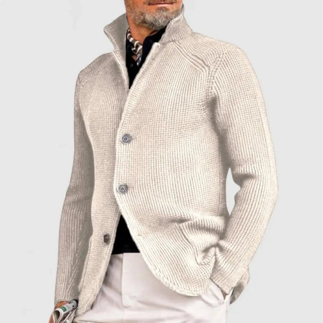 Men's relaxed fit button-up waffle-knit cardigan, a versatile long-sleeve layering jumper for all occasions.