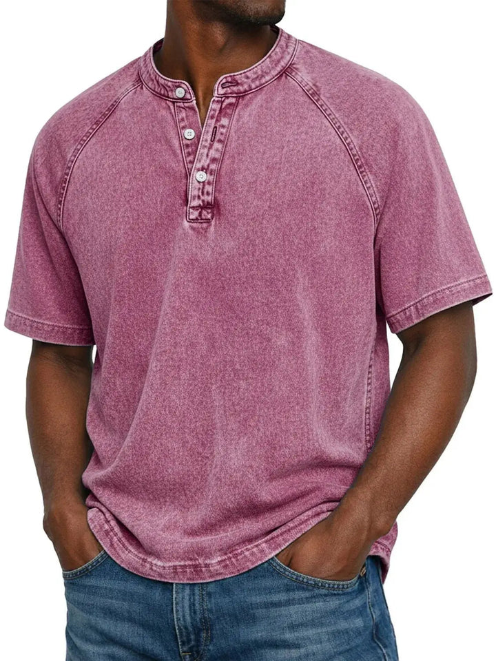 Men's casual short sleeve henley t-shirt, relaxed washed style for comfortable everyday wear.