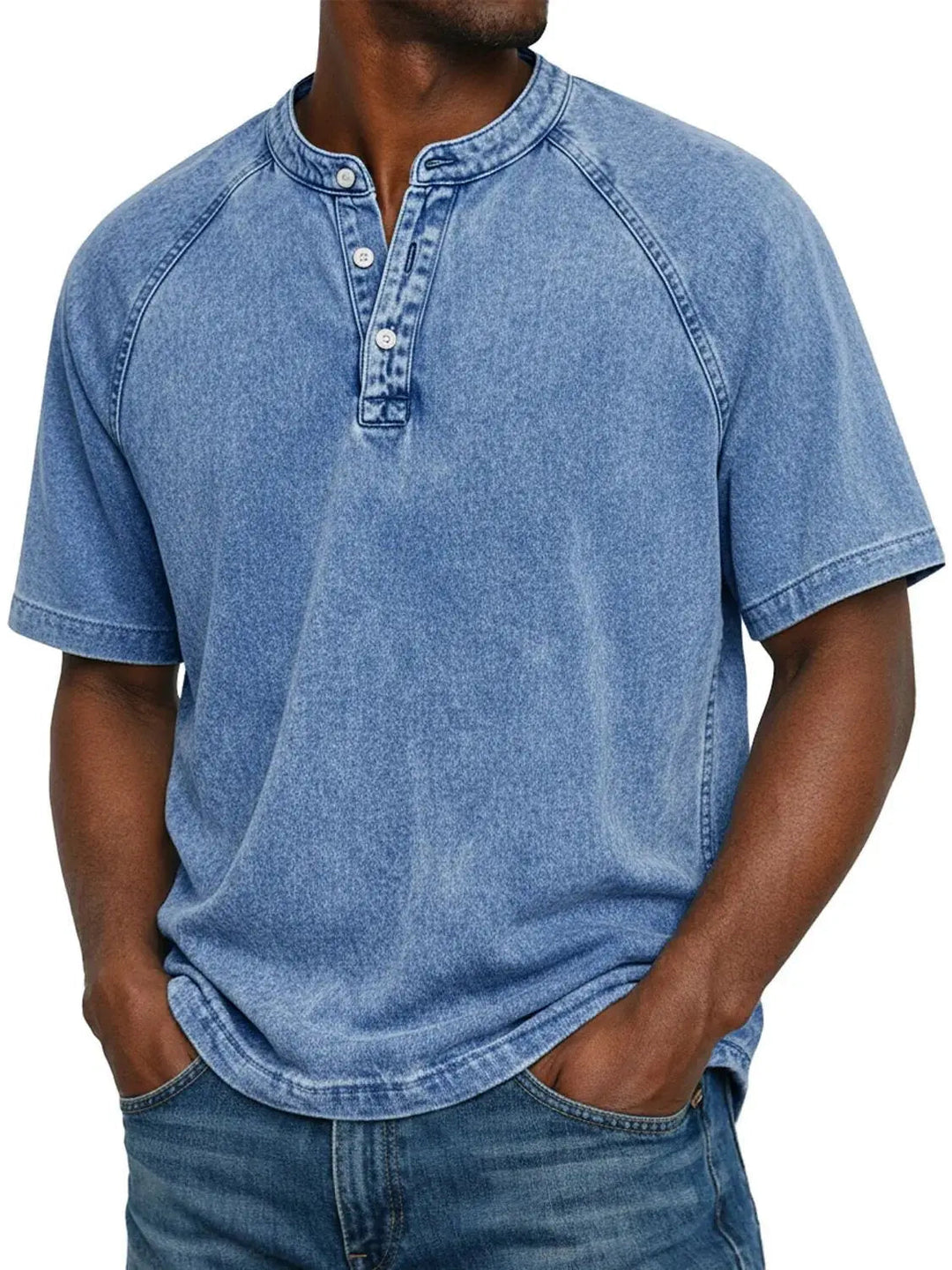Comfortable men's washed henley short sleeve tee with relaxed fit, perfect for summer casual wear.