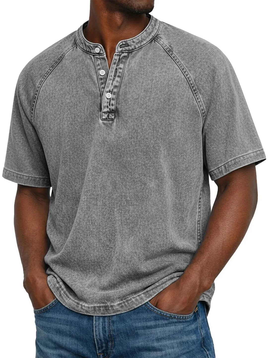 Spring/summer men's relaxed fit short sleeve henley t-shirt, ideal for comfortable casual outfits.