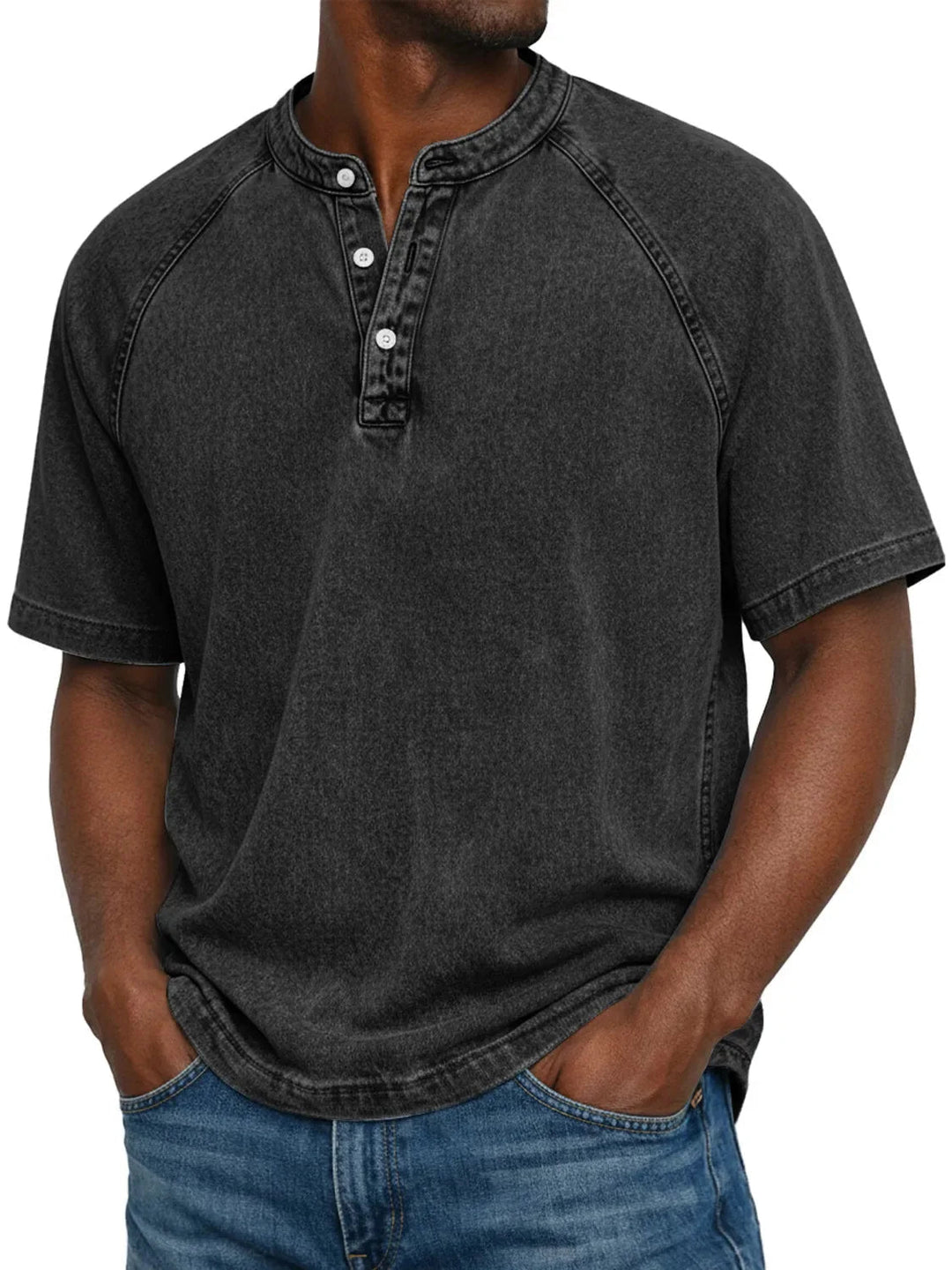 Casual men's washed henley short sleeve t-shirt, great for everyday wear & relaxed summer fashion.