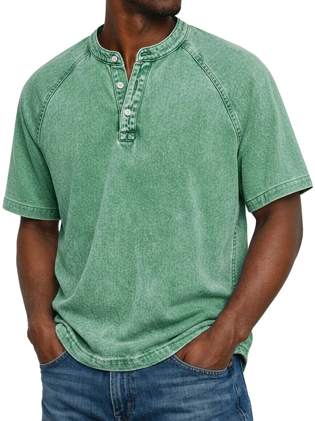 Relaxed fit men's washed henley short sleeve t-shirt, offering comfort and a laid-back casual look.