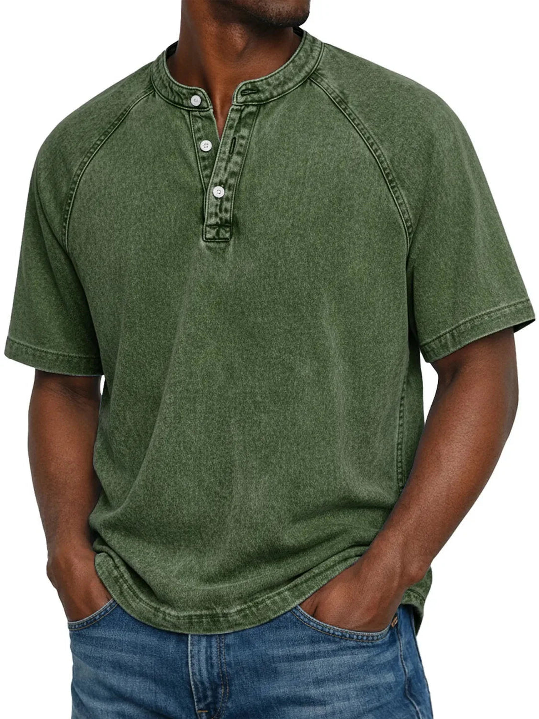 Men's short sleeve henley t-shirt featuring a button placket & washed finish for a casual, vintage feel.