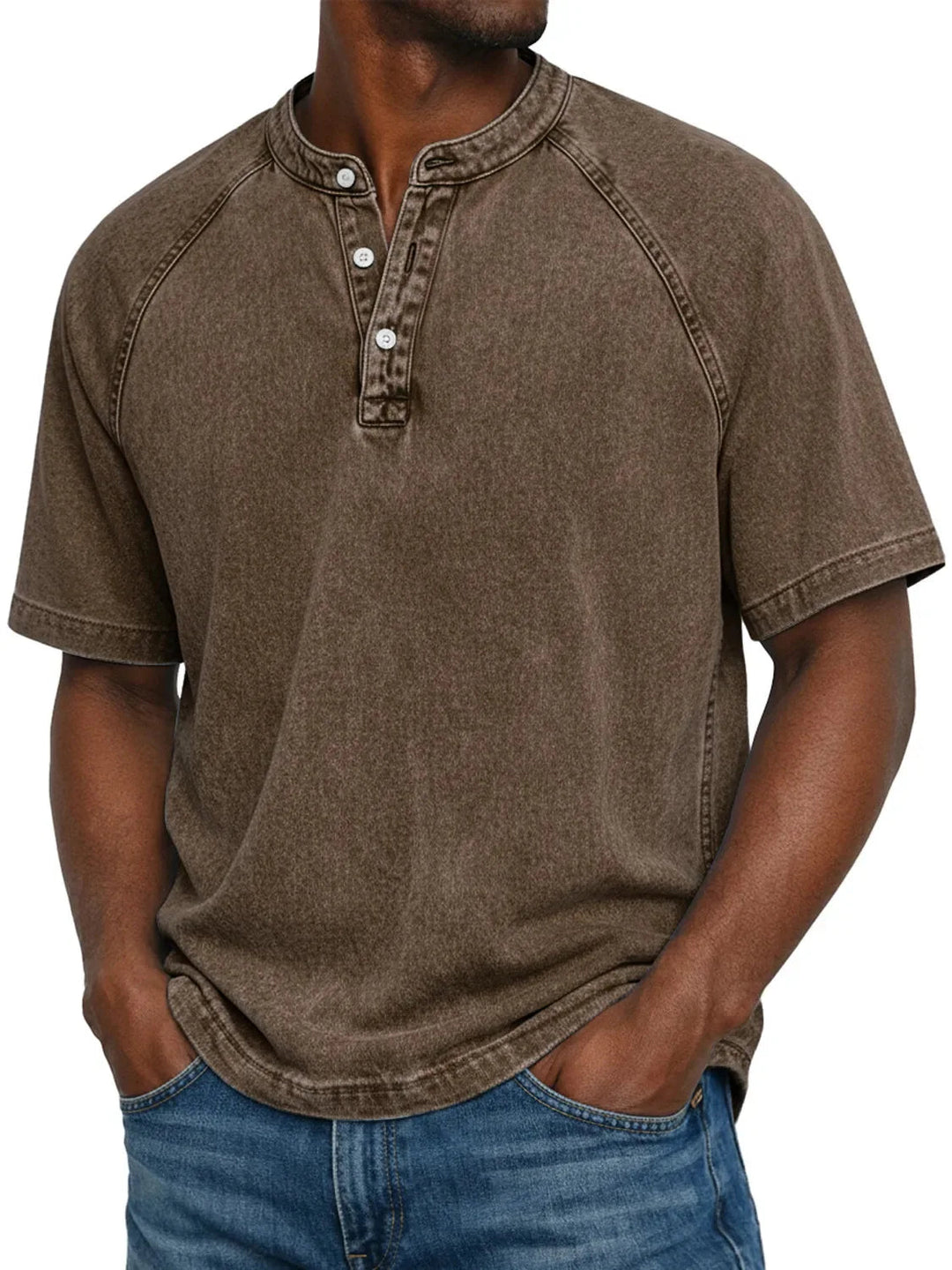 Versatile men's relaxed fit washed henley short sleeve tee, perfect for casual spring and summer styling.