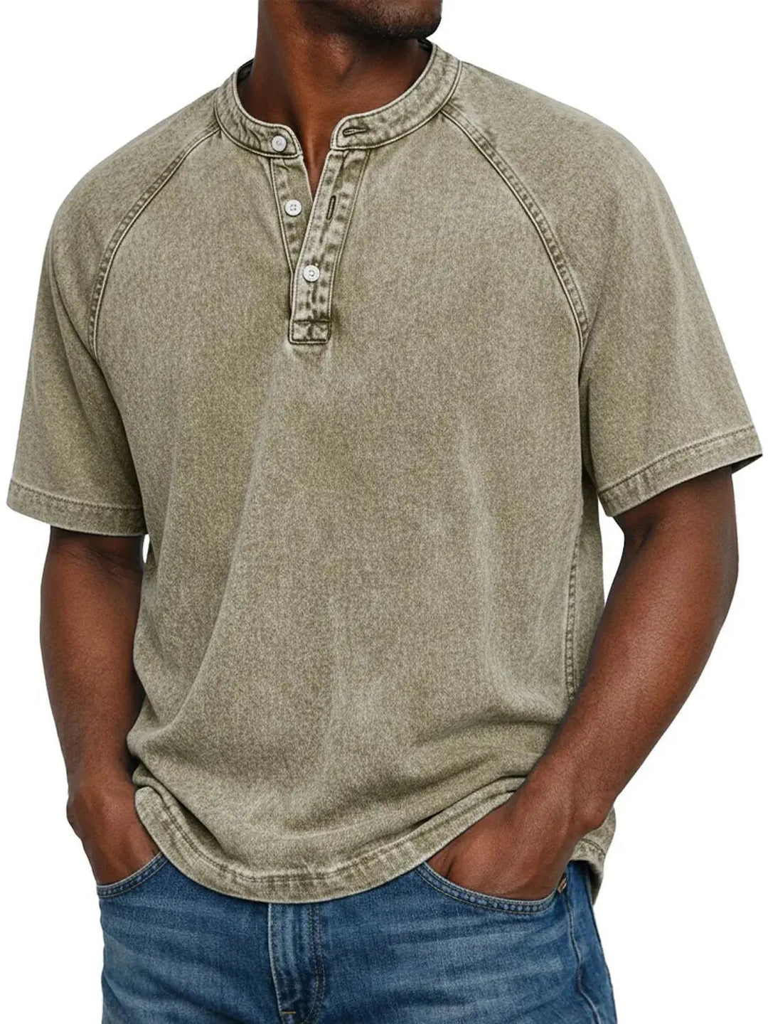 Soft washed men's henley short sleeve t-shirt with a relaxed cut, embodying casual comfort and style.
