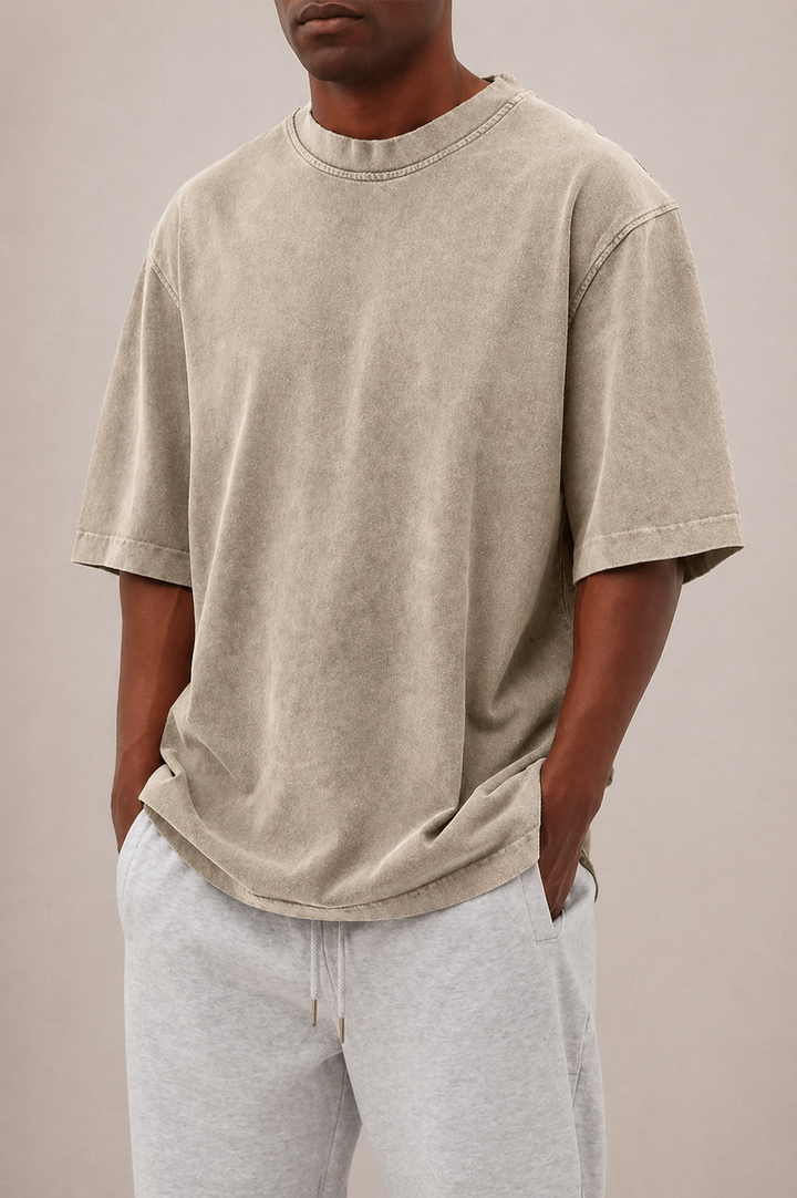 Front view of a men's relaxed fit washed t-shirt, short sleeve, round neck, perfect for casual everyday outfits.