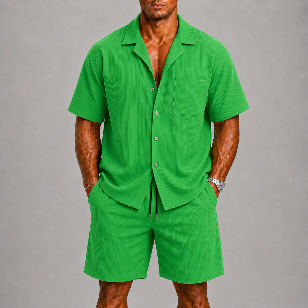 Versatile men's summer set featuring a relaxed short sleeve shirt and comfortable drawstring shorts. Casual fashion.
