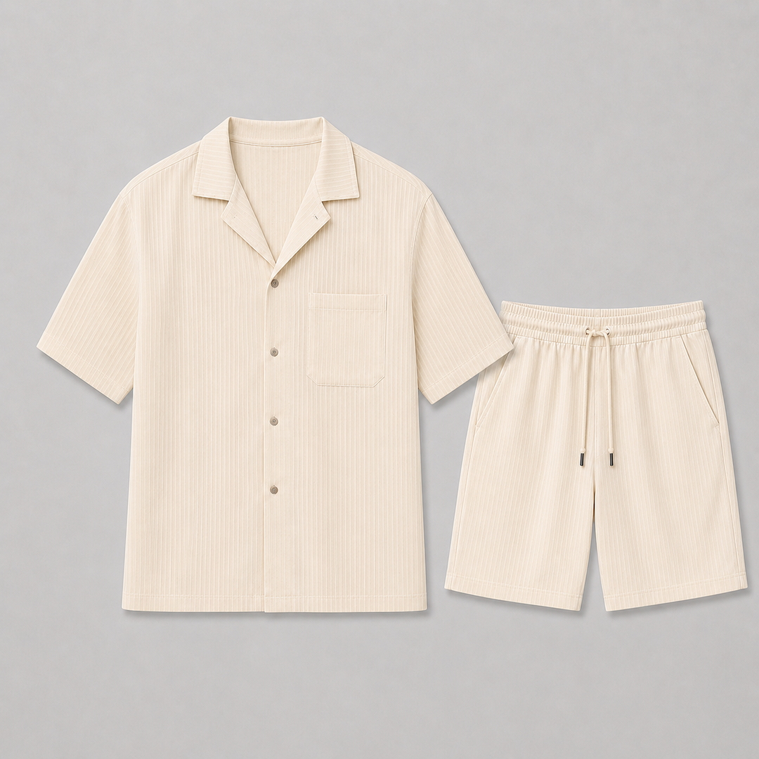 Men's relaxed fit summer outfit: plain short sleeve button shirt & elastic waist shorts. Perfect for travel & vacation.
