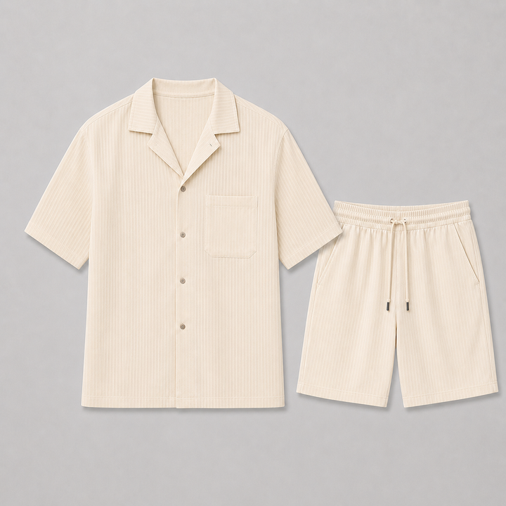 Men's relaxed fit summer outfit: plain short sleeve button shirt & elastic waist shorts. Perfect for travel & vacation.