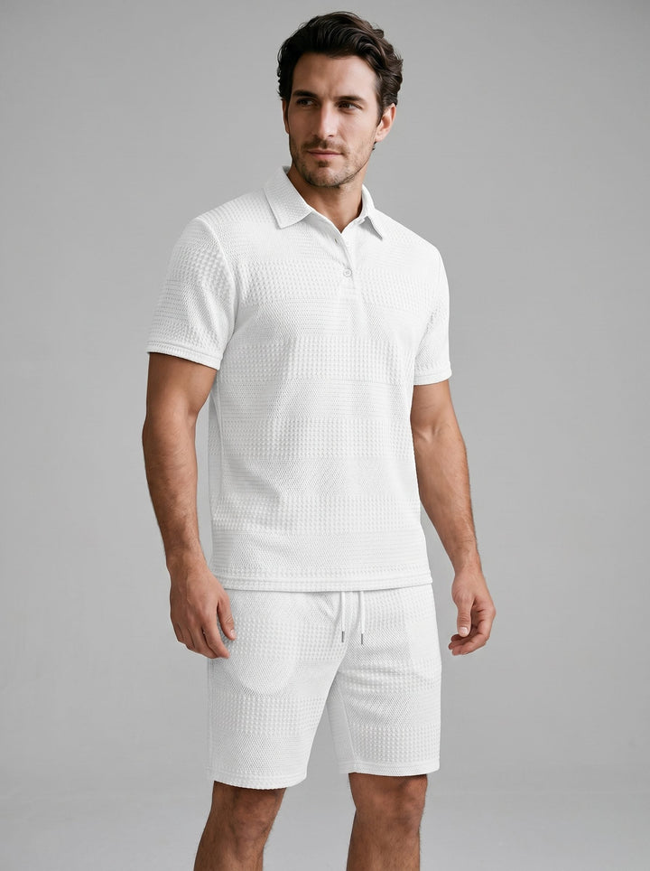 Men's relaxed textured knit polo shirt & shorts set. Perfect summer casual wear.