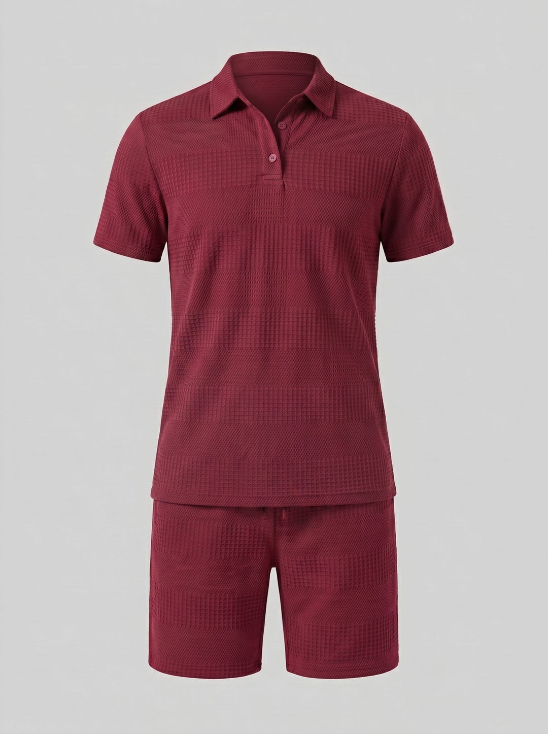 Textured men's knit polo shirt and shorts set, ideal for casual summer wear.