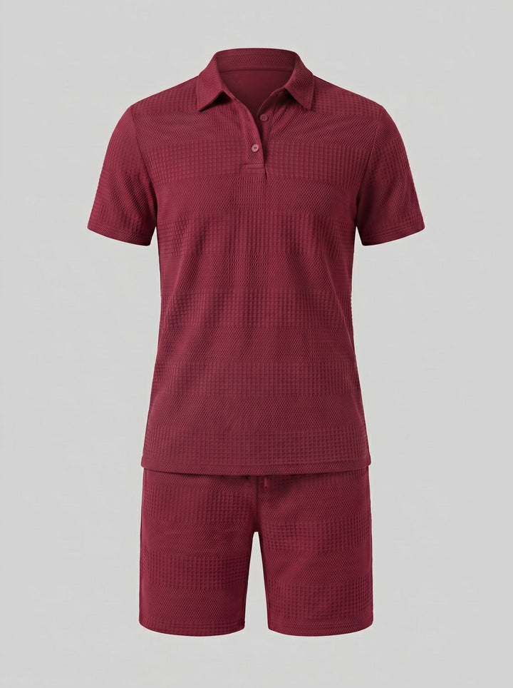 Textured men's knit polo shirt and shorts set, ideal for casual summer wear.
